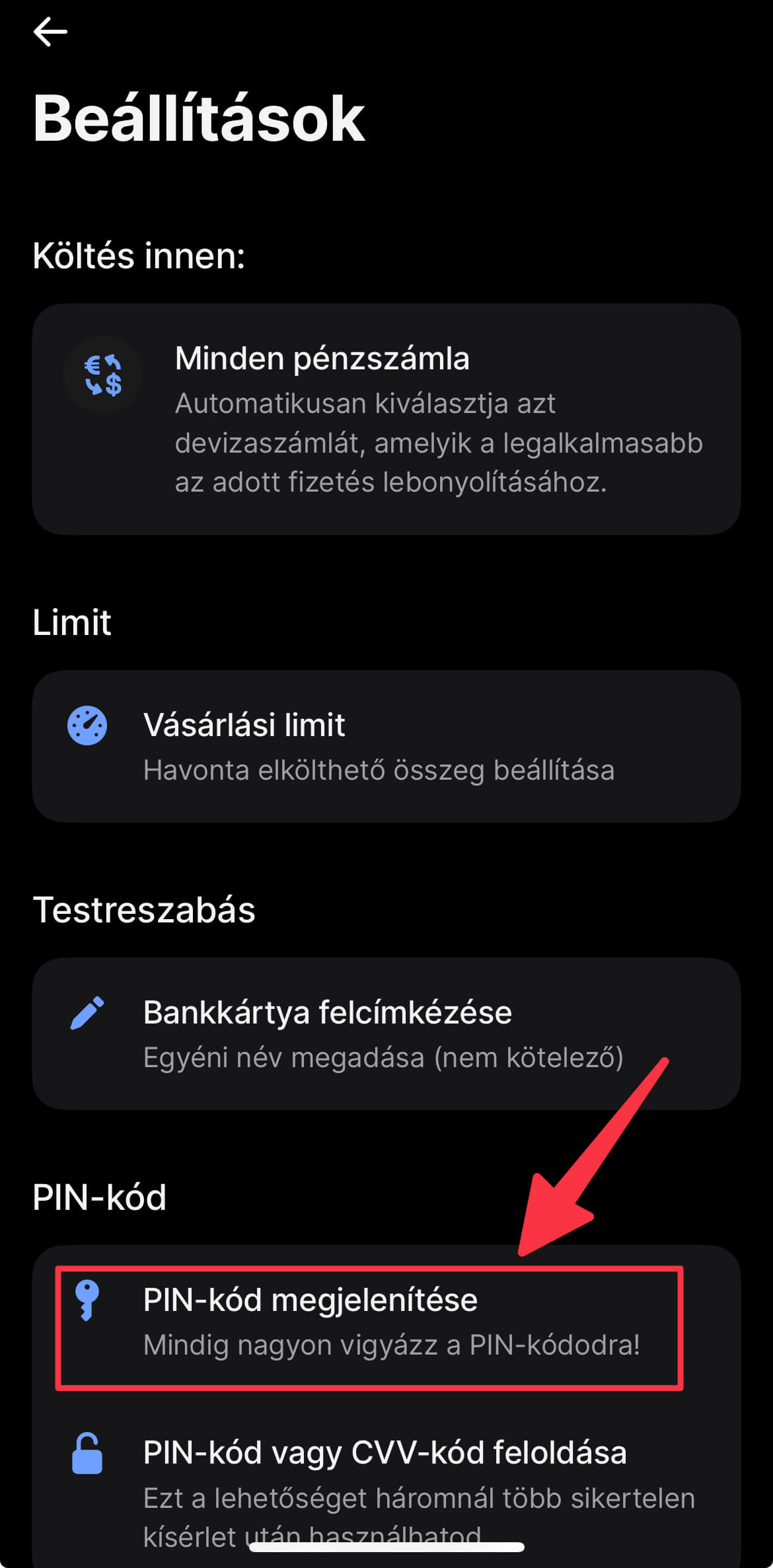 Revolut kártya PIN kód megjelenítése