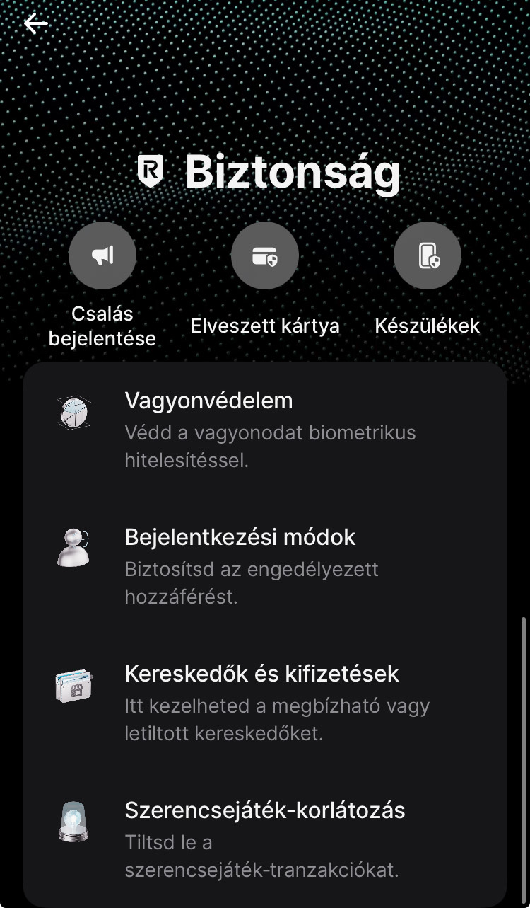 Revolut biztonsági menüpont felülete