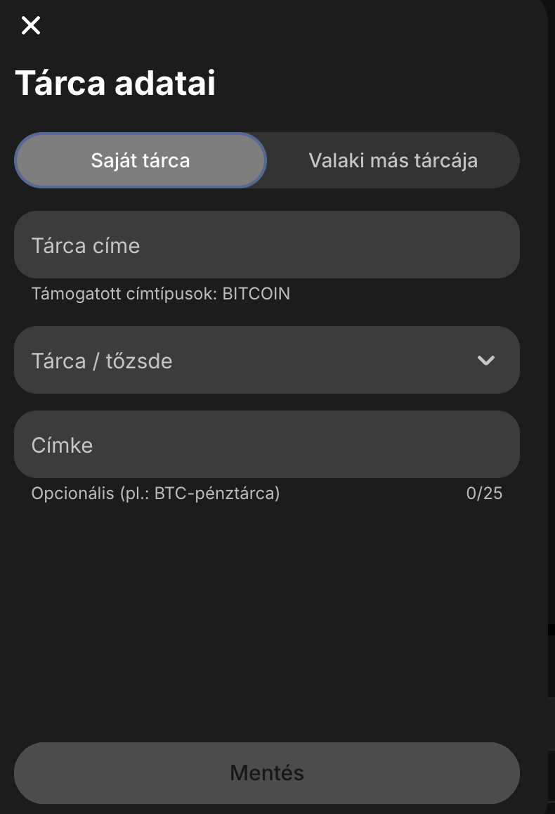 Kripto tárca adatainak megadása