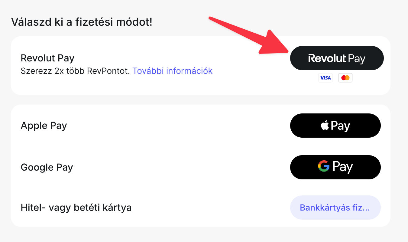 Revolut PAy fizetési módszer a weboldalakoon