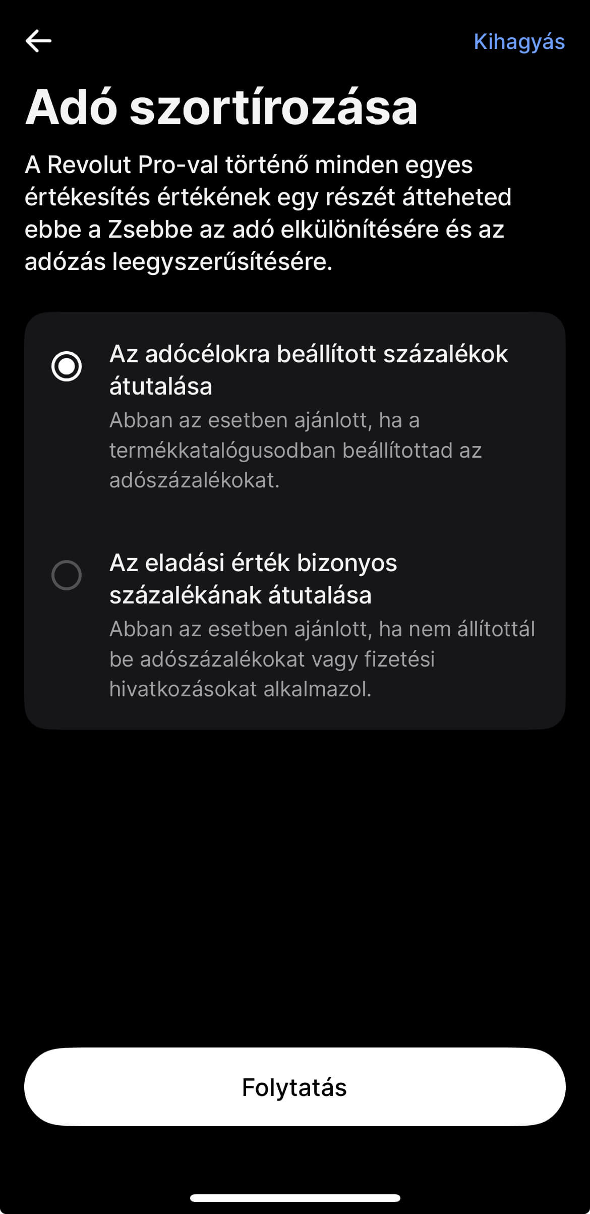 Revolut Pro adózseb százalék opció