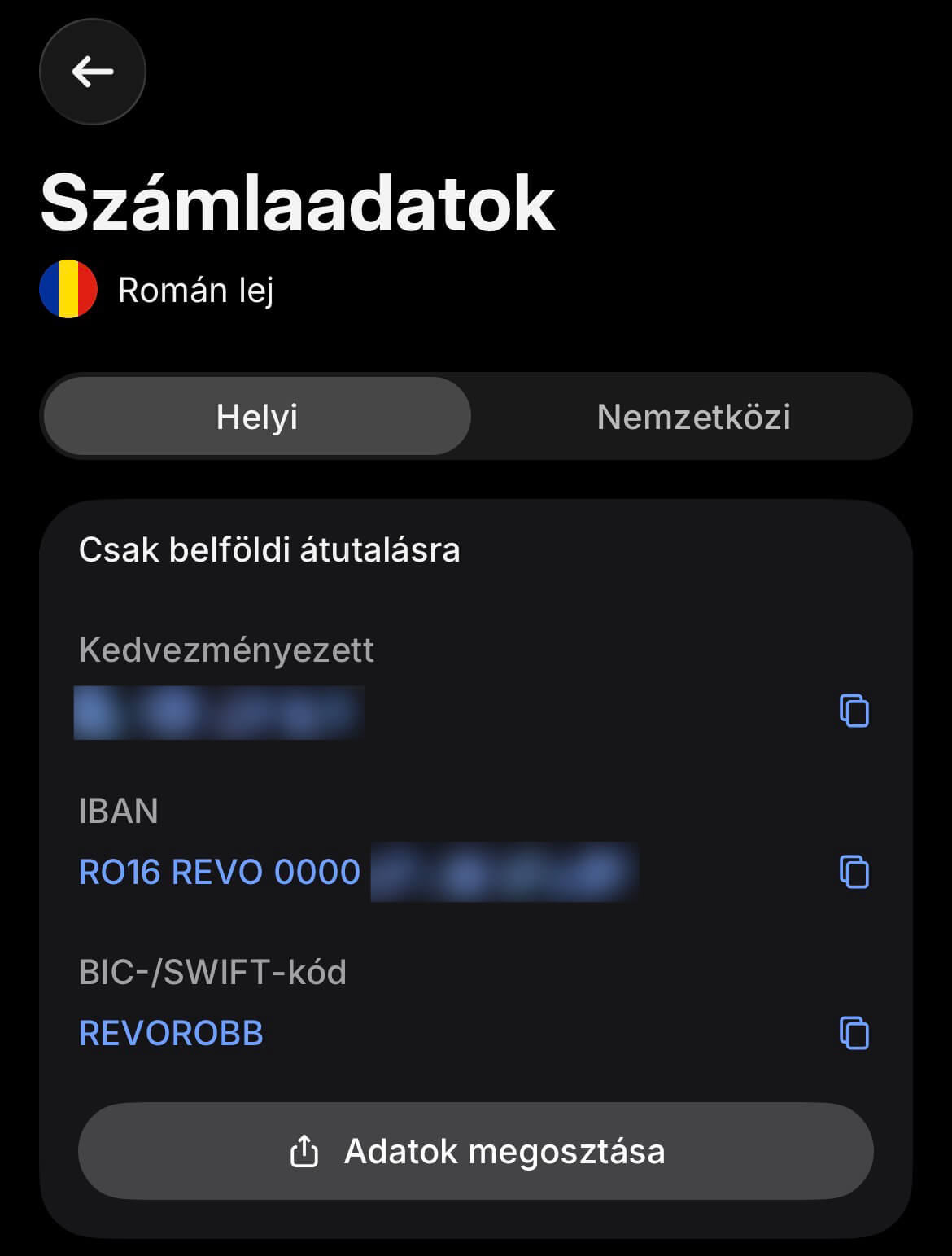 Revolut helyi román lej számlaszám